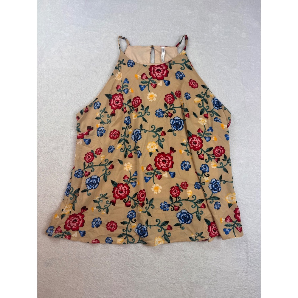 D.N.A. Couture Floral Halter Neck Top Tan Red Blue 1X Sleeveless Keyhole Blouse